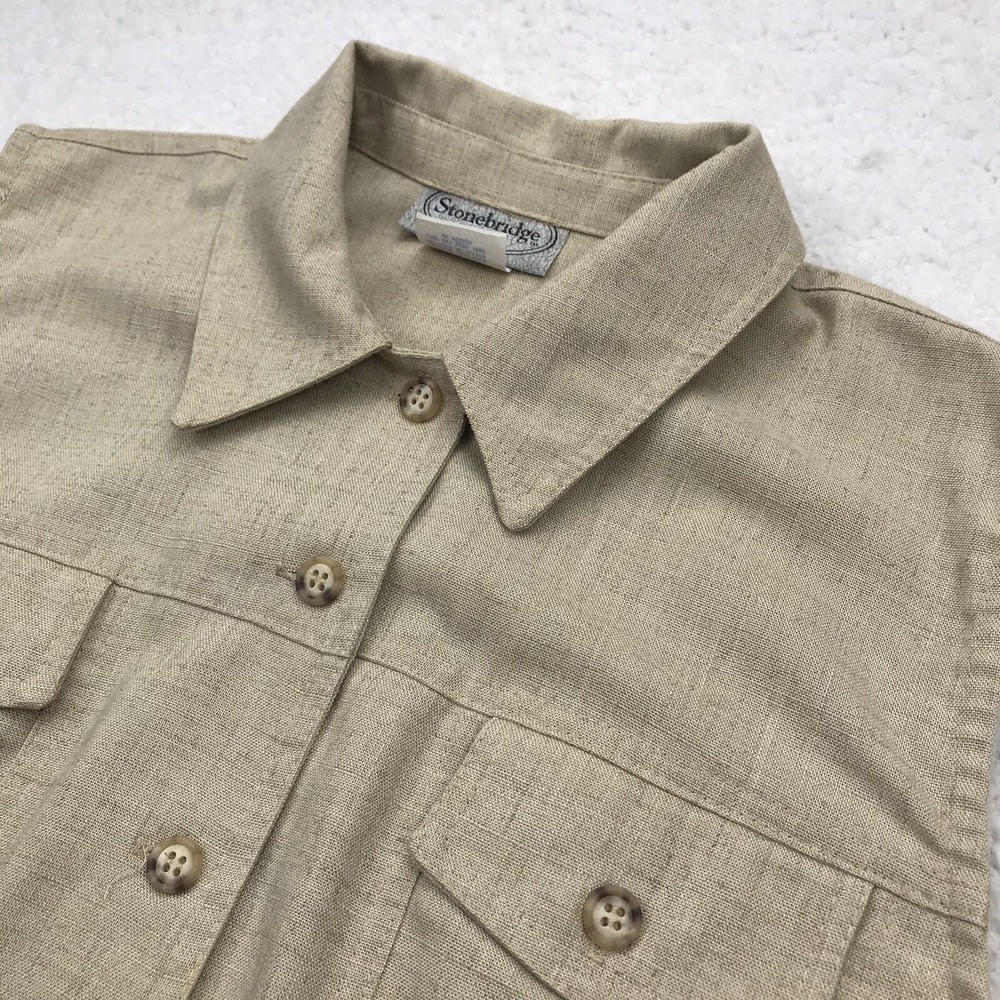 Vintage Stonebridge Sleeveless Button Shirt Women M/L‎ Tan LINEN BLEND MADE USA